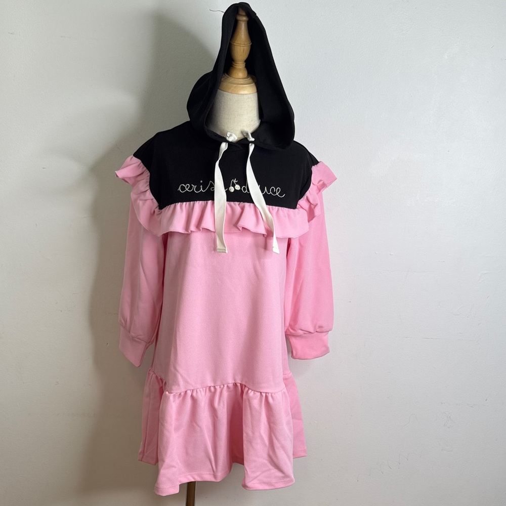 Kids Pink and Black Ruffle Hoodie Dress